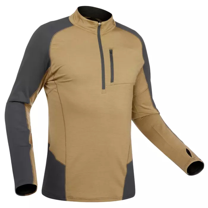 T-SHIRT MÉRINOS MANCHES LONGUES DE TREK MONTAGNE - TREK 900 MARRON - HOMME